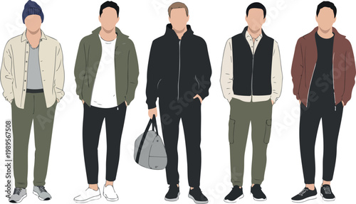 Group of fashionable young men wearing trendy modern summer outfits stylish casual clothing flat vector illustration isolated on white background