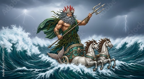 Mythological Ocean Deity Commands Tempestuous Seas with Trident and Chariot in a Dramatic Storm