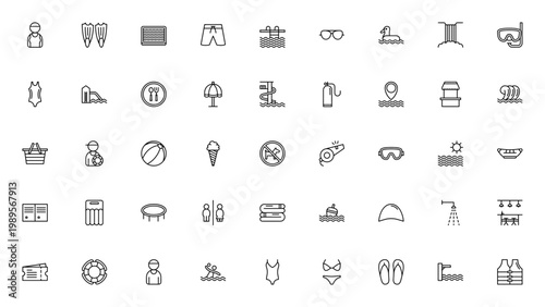 Swimming icon set. Beach and pool vector icons. Includes swimmer, pool, flippers, swimsuit, snorkel, water slide, life buoy, goggles, bikini, flip flops and more. Editable stroke.