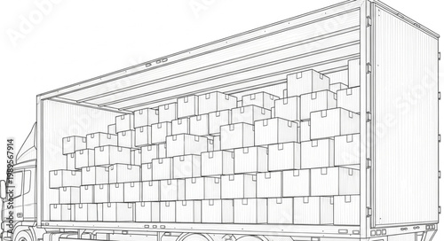Sketch of a large truck filled with many cardboard boxes.