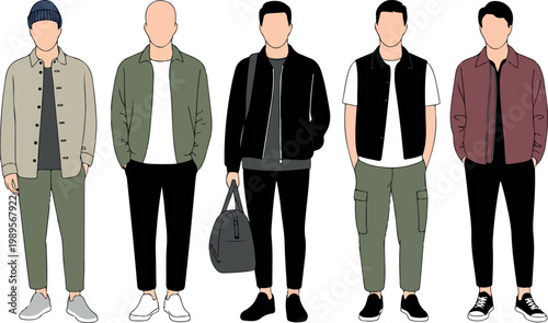 Group of fashionable young men wearing trendy modern summer outfits stylish casual clothing flat vector illustration isolated on white background