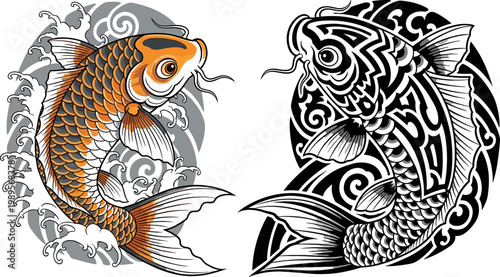 Koi Fish Illustration Set with Traditional Japanese Style Ornamental Carp and Water Wave Patterns Tattoo Inspired Design Vector Collection