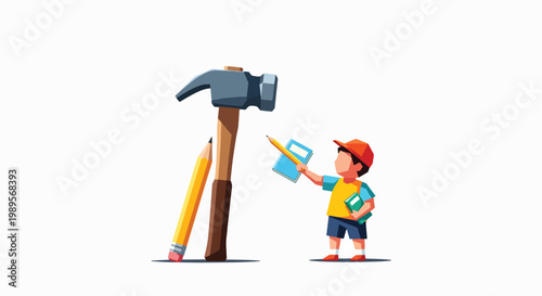 A cartoon boy wearing a yellow shirt and orange hat points at a large hammer and pencil on a white background with a playful mood.