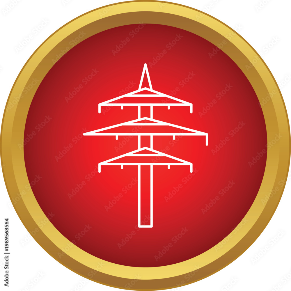 Fototapeta premium Electric power transmission tower line icon in a red circle button with gold border