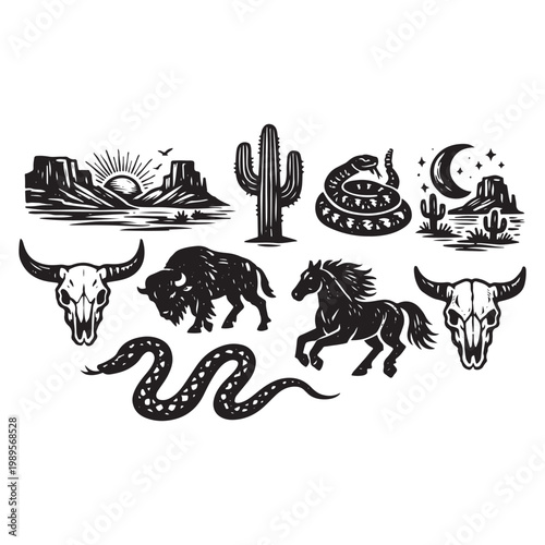 Western Boho Linocut Vector Set Collection 