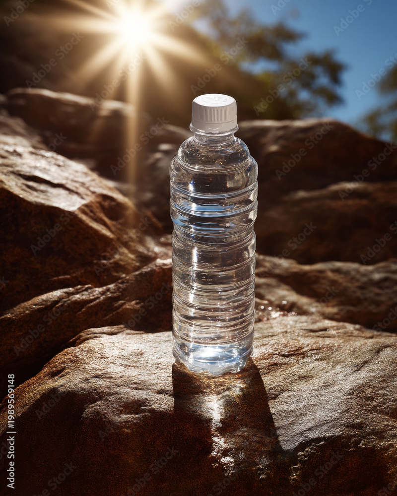 Obraz premium Clear plastic water bottle standing on rock with sunlight shining bright in outdoor nature