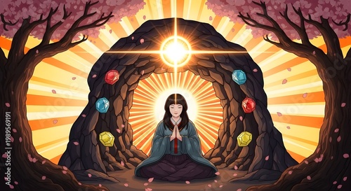Enlightened Figure Meditating in a Sacred Cherry Blossom Grotto with Glowing Light