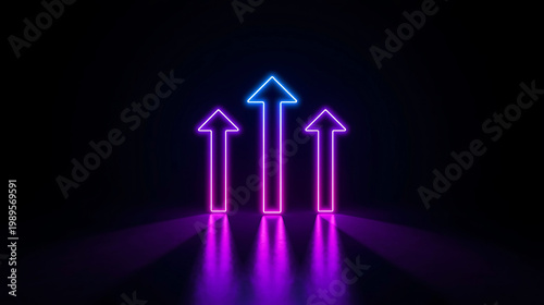 neonlit arrows pointing upwards on dark floor with purple and blue lights