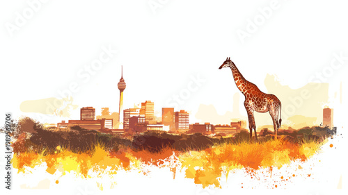 Nairobi National Park. Nairobi National Park hand drawn watercolor illustration on white background