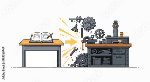 Illustration of a book on a simple desk transforming into various mechanical tools and gears on a workbench with a white background.