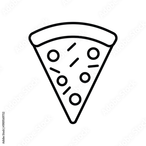 A bold black line art illustration of a single slice of pepperoni pizza on a white background.