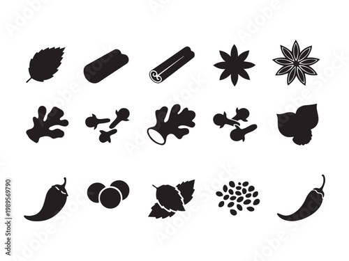 Large set of black culinary spice and herb silhouettes featuring cinnamon sticks, star anise, ginger root, cloves, and chili pepper isolated on white for cooking and food branding.