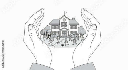 Line drawing of two hands cradling a school building with students and a playground on a white background.