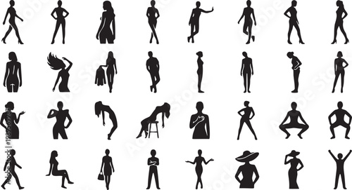 Elegant Fashion Model Silhouette Set – Stylish Runway Poses Vector Icon Sheet.