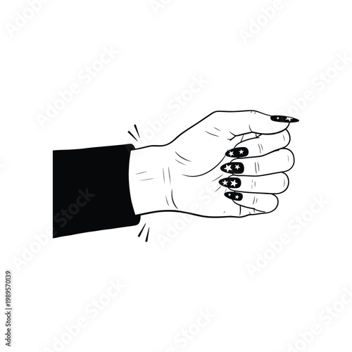 A hand with pointed nails and star-patterned polish is shown clenched into a fist on a white background.