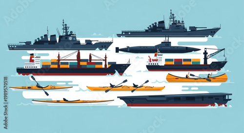 Collection of various watercraft including warships cargo ships submarines and kayaks.