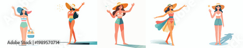 vector of a woman standing waving hand with summer costume
