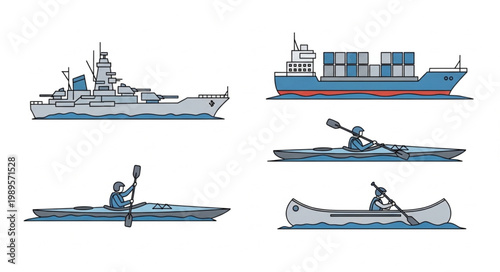 Collection of various watercraft including a warship cargo ship kayak and canoe.