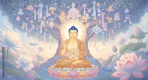 Serene Buddha Meditating Under Bodhi Tree with Dharma Wheel in Spiritual Lotus Garden Illustration