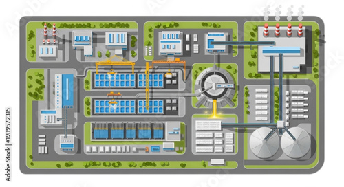 Aerial view of a modern water treatment plant facility.