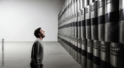 Man yelling in frustration at a wall of riot shields in a stark, minimalist environment, symbolizing protest, authority, or powerlessness.