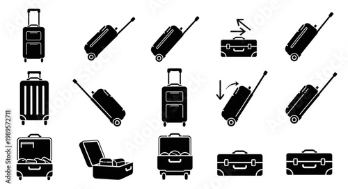 Collection of black suitcase icons and illustrations.