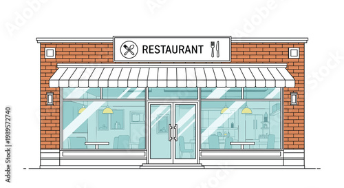 Exterior view of a modern restaurant building with brick walls, an awning, and large windows on white background.