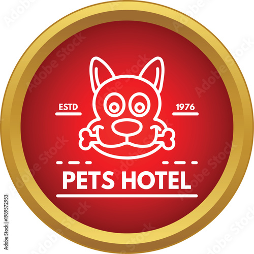 Red and gold emblem with a cute dog head and 'pets hotel' text