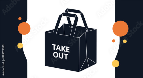 Minimalist black paper takeout bag with white text and colorful bubbles on a decorative white and black background.