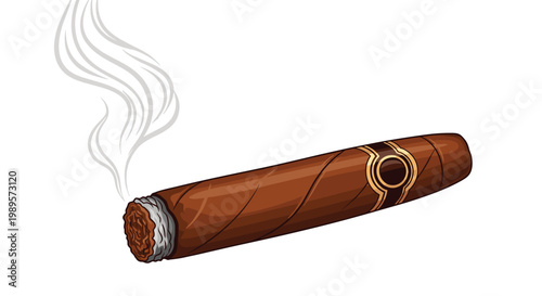 Thick brown lit cigar with a decorative band and realistic white smoke rising from its burning end against a white background.