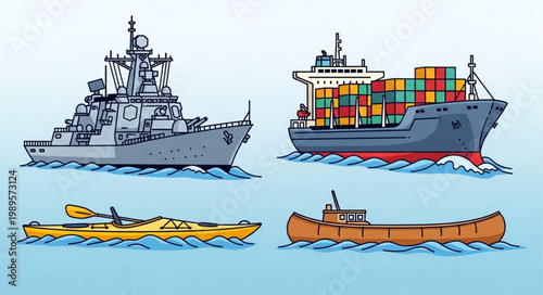Collection of four different types of boats and ships sailing on water.