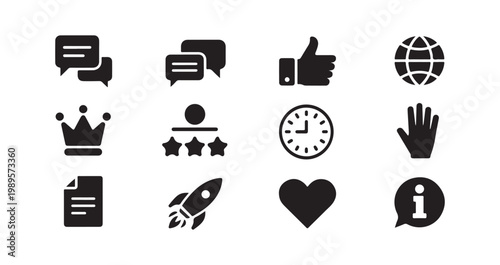 Business and social networking vector icons collection with crown globe clock document and rocket