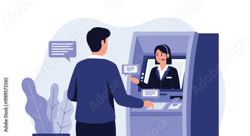 Man interacting with an automated teller machine featuring a live video call with a customer service representative on the screen.