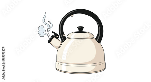 Modern cream colored stovetop kettle with a black handle and spout releasing white steam against a clean white background.