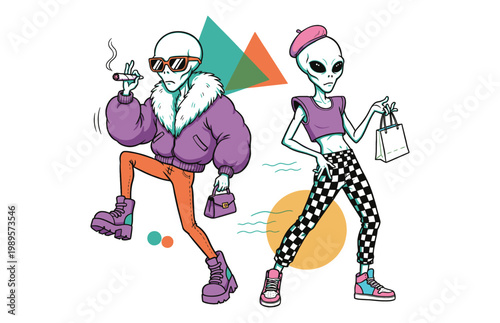 Fashionable aliens in trendy streetwear walking with shopping bags and luxury accessories