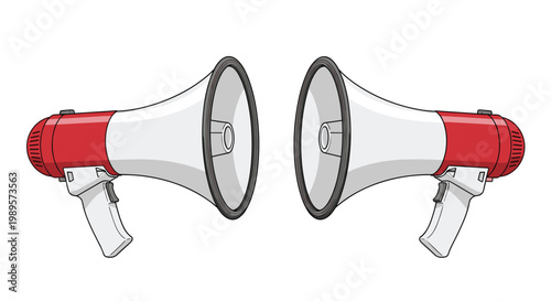 Pair of identical red and white megaphones facing each other in a symmetrical composition on a plain white background.