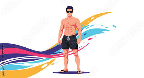 Fit muscular man in black swim trunks and sunglasses stands confidently in front of vibrant abstract colorful waves on a white background.