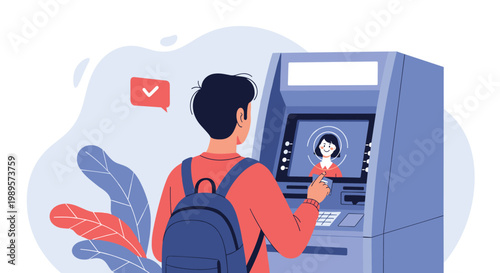 Person wearing a backpack uses an automated teller machine that features facial recognition technology to authenticate the transaction.