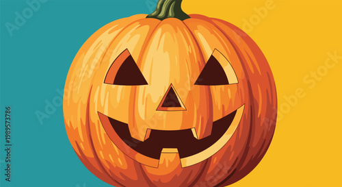 Close up view of a classic orange Halloween jack-o-lantern face with a carved triangular nose and a wide toothy grin.