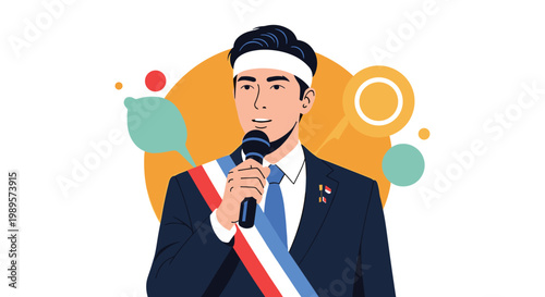 Male political candidate or official wearing a suit and a tricolor sash speaks into a microphone in front of abstract shapes.