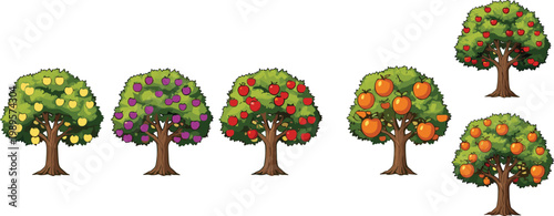 Collection of different fruit trees with apples oranges and mixed fruits, detailed cartoon vector illustration set isolated on white for agriculture and nature design