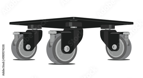 Heavy duty black furniture dolly with four grey caster wheels is shown in a three quarter view on a clean white background for logistics.