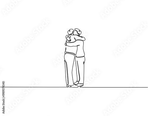 Continuous line drawing of people hugging each other. Single line illustration of people embrace. Meeting, reunion concept. Editable outline