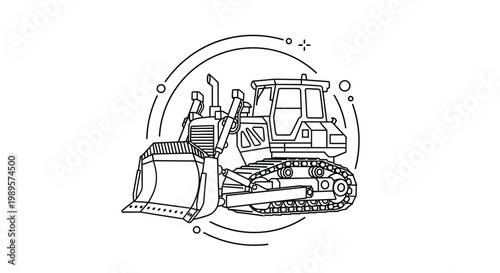 Black and white line art illustration of a heavy industrial bulldozer vehicle framed within a decorative circle on a white background.