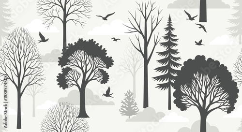 Serene seamless pattern showcasing a forest of different trees and birds flying in a sophisticated gray and white monochrome style.