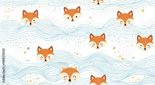 Adorable seamless pattern featuring cute fox faces floating among whimsical blue waves and small golden stars on a white background.