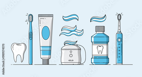Comprehensive set of dental hygiene icons including toothbrushes toothpaste mouthwash and dental floss on a soft blue background.