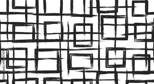Hand drawn black grid and square shapes create a rustic and artistic seamless pattern on a clean white background texture.