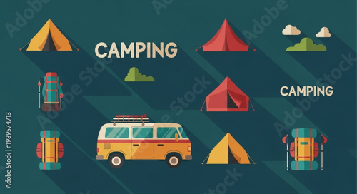 Camping gear and vehicle flat illustration with long shadows.