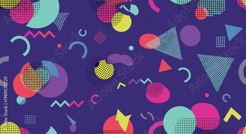 Vibrant seamless pattern featuring colorful geometric shapes and abstract elements in a classic nineties Memphis design style.